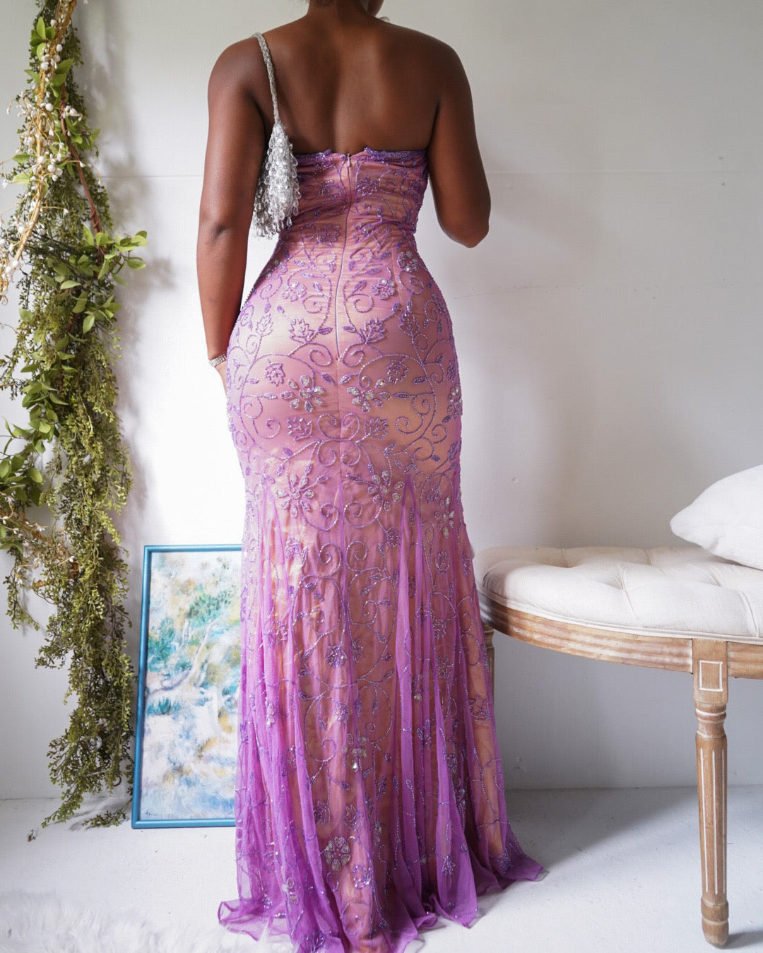 Rare Vintage Y2K Silk Beaded Strapless Gown