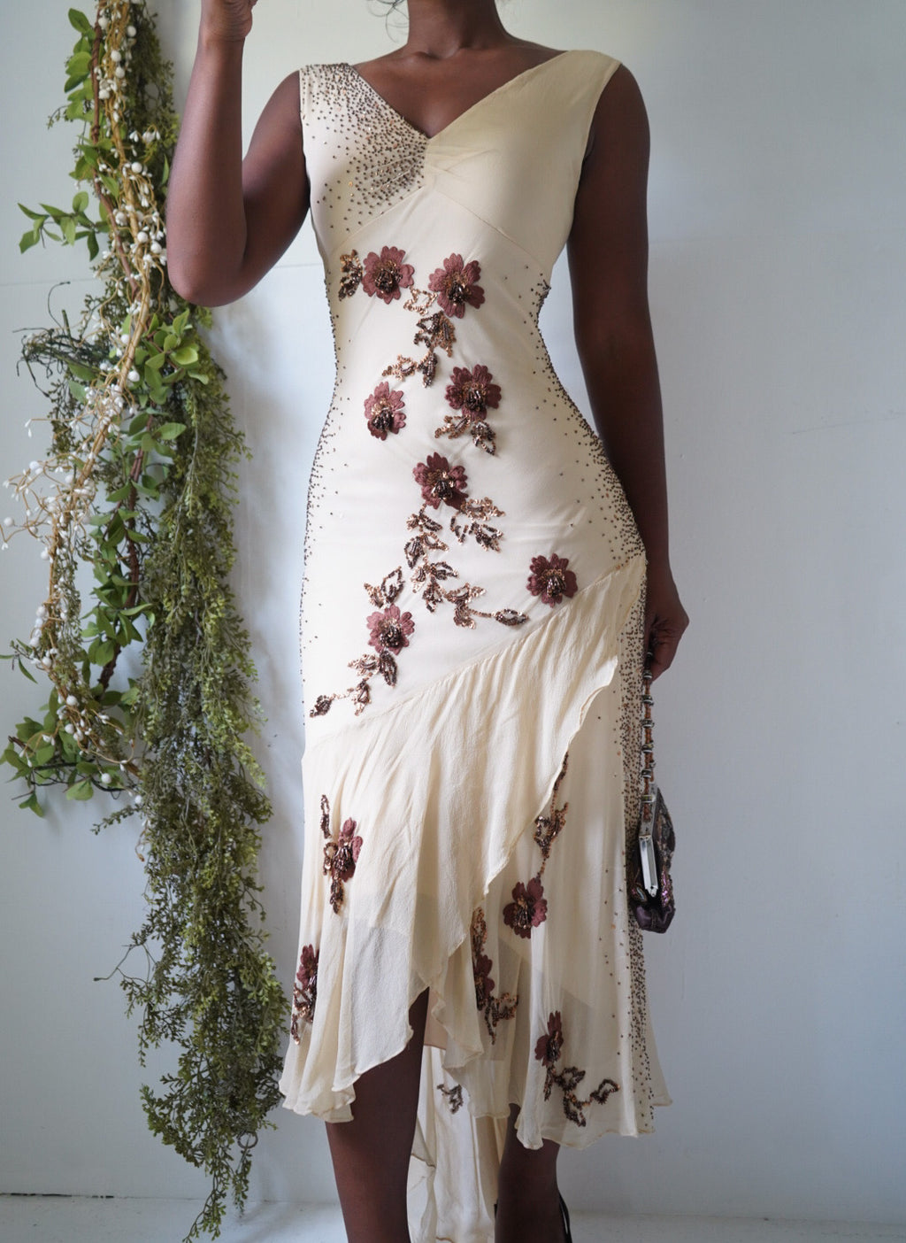 Vintage Y2K Cream and Brown Floral Beaded Dress