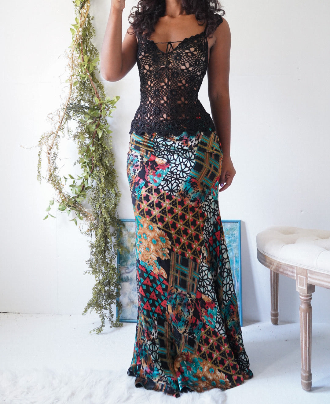 Y2K Colorful Boho Bead Detail Skirt