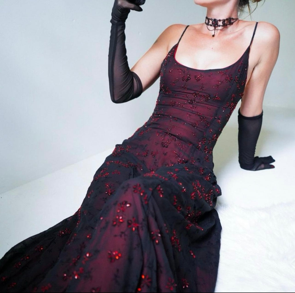Black and Red Beaded Layered Gown
