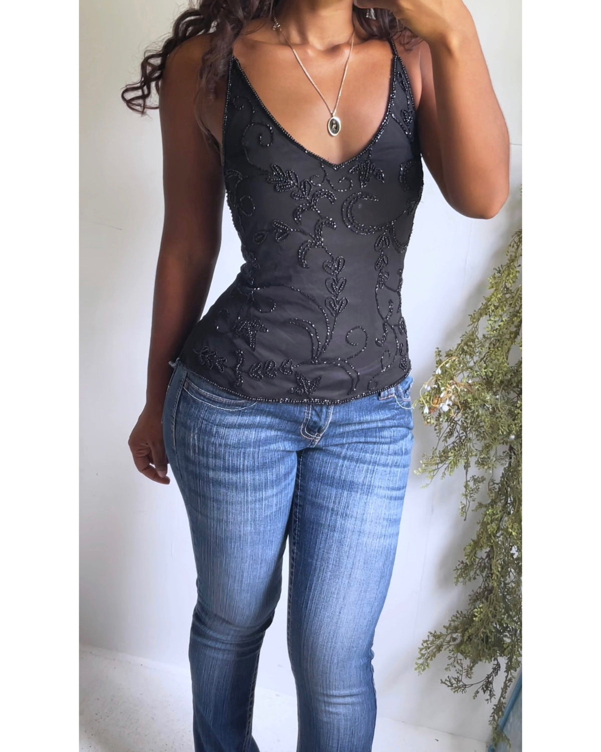 Y2K Beaded Black Staple Cami