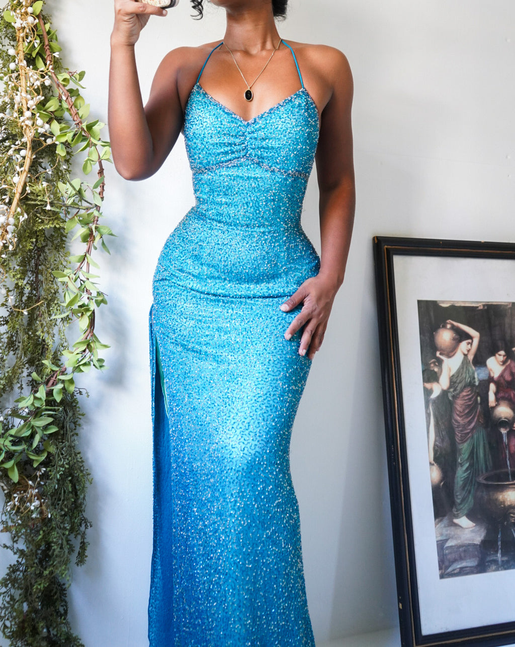 Teal Vintage Cache Beaded Halter Gown (S)