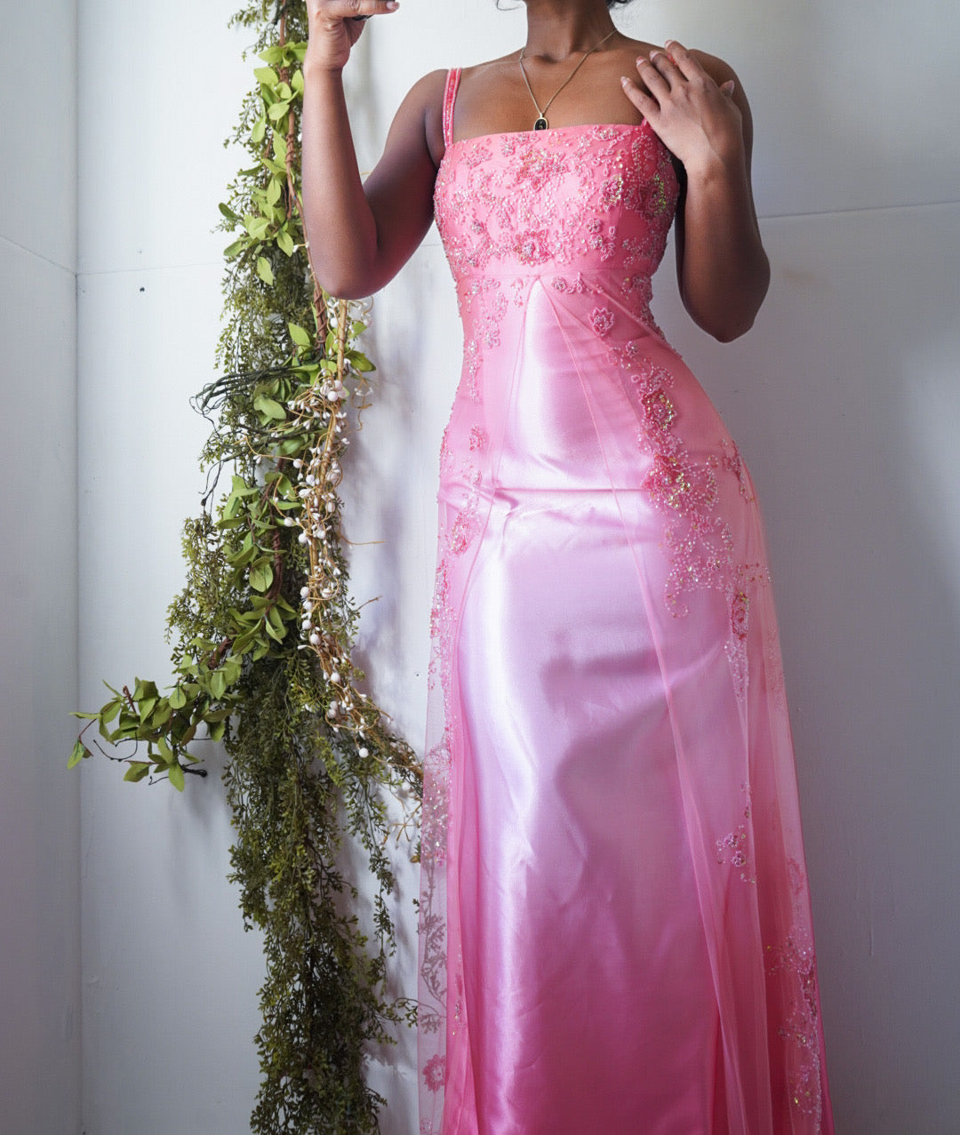 Rare Vintage Y2K Peachy Pink Ombre Silk Beaded Gown