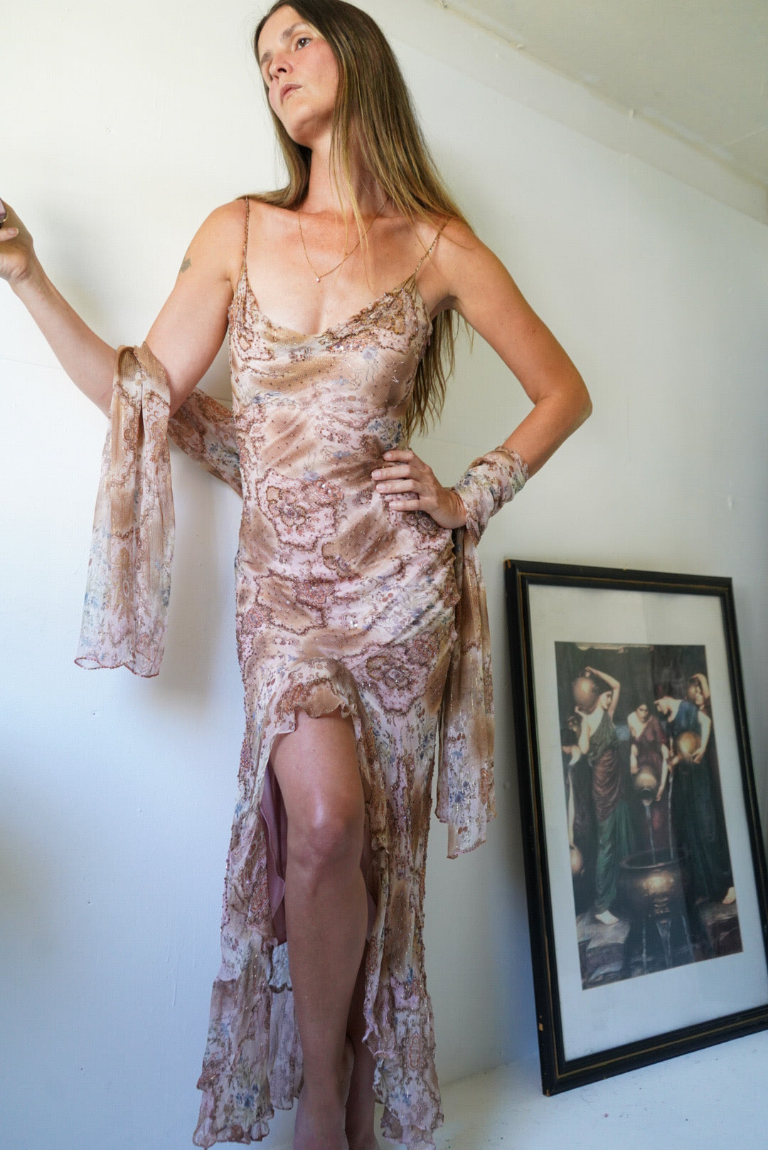 Y2k Beaded Silk Paisley Gown with Sash