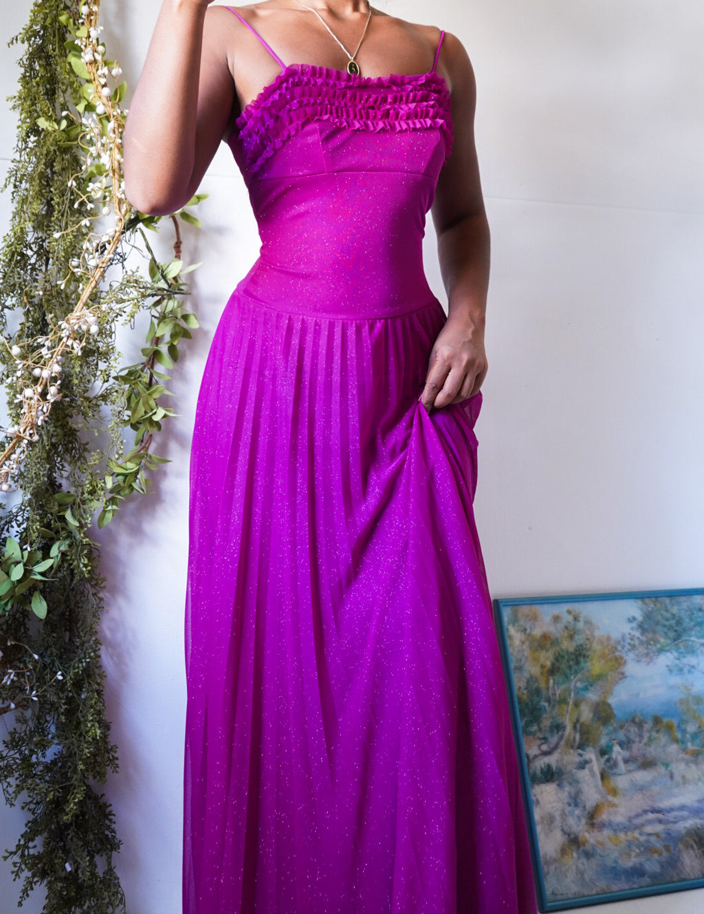 80’s Magenta Sparkle Pleat Skirt Gown