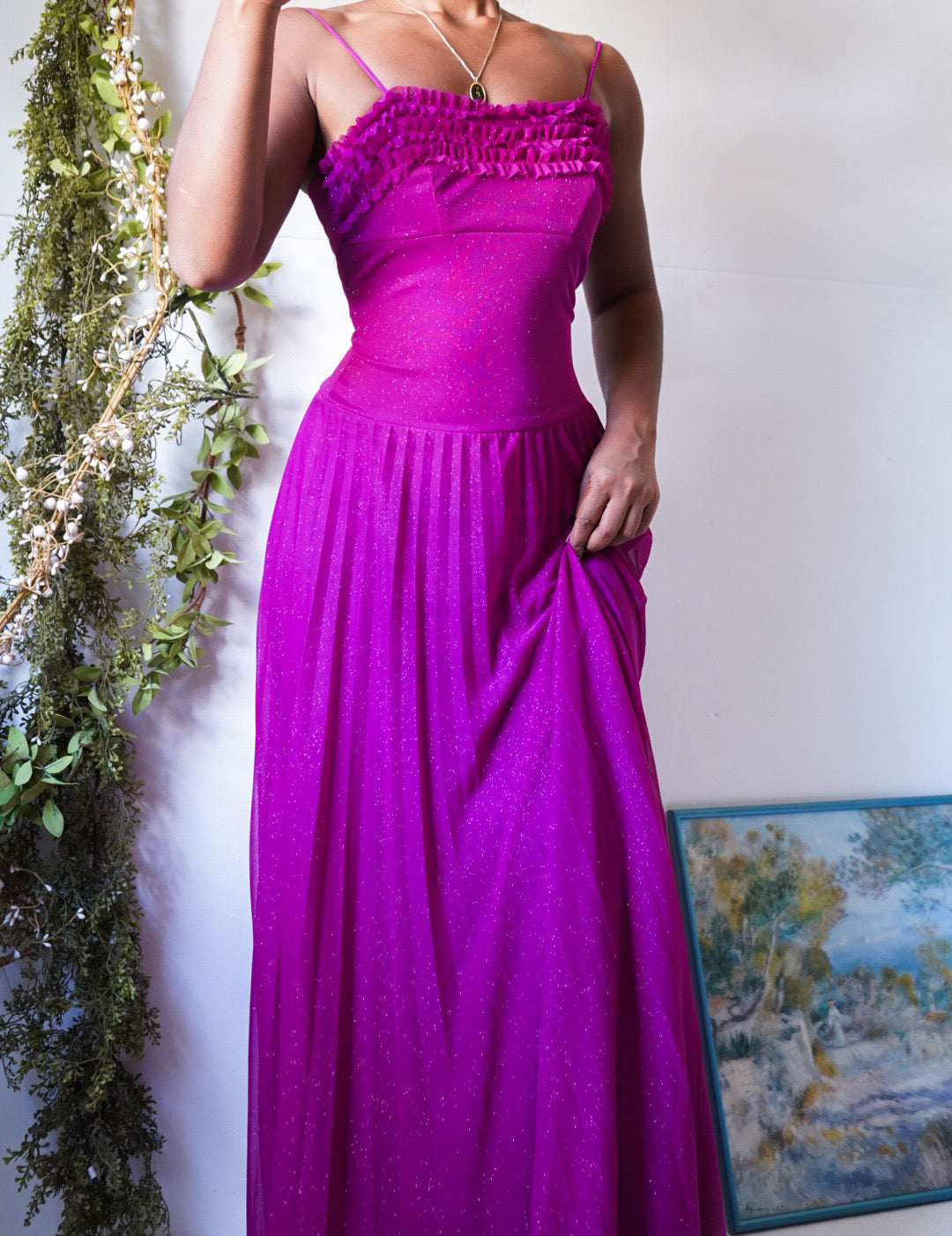 80’s Magenta Sparkle Pleat Skirt Gown