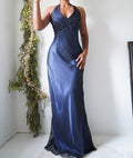 Vintage Y2K Dusty Blue and Black Layered Halter Gown