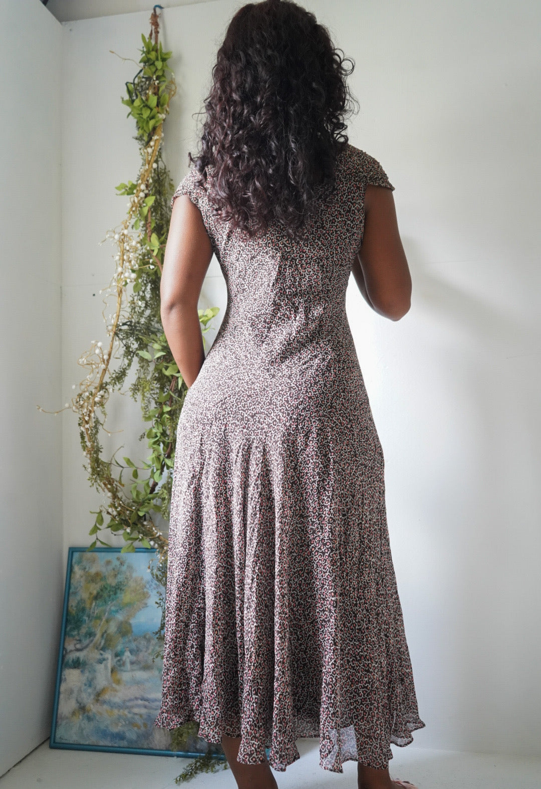 Y2K Brown Ditsy Floral Midi Dress