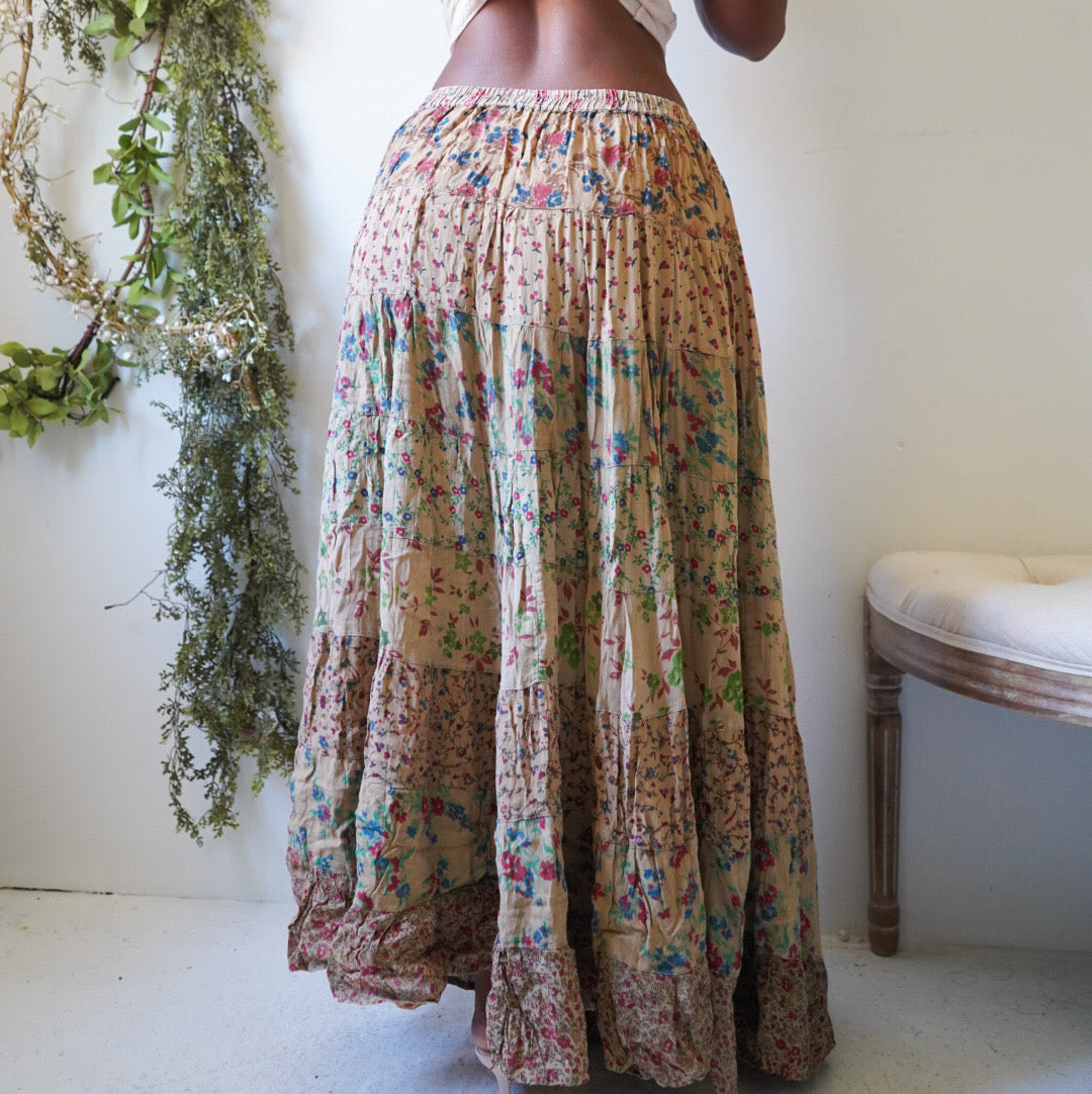 Y2K Tan Floral Tiered Boho Skirt