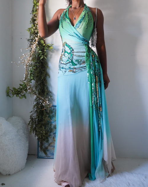 Rare Y2K Ombre Forest Fairy Silk Halter Gown