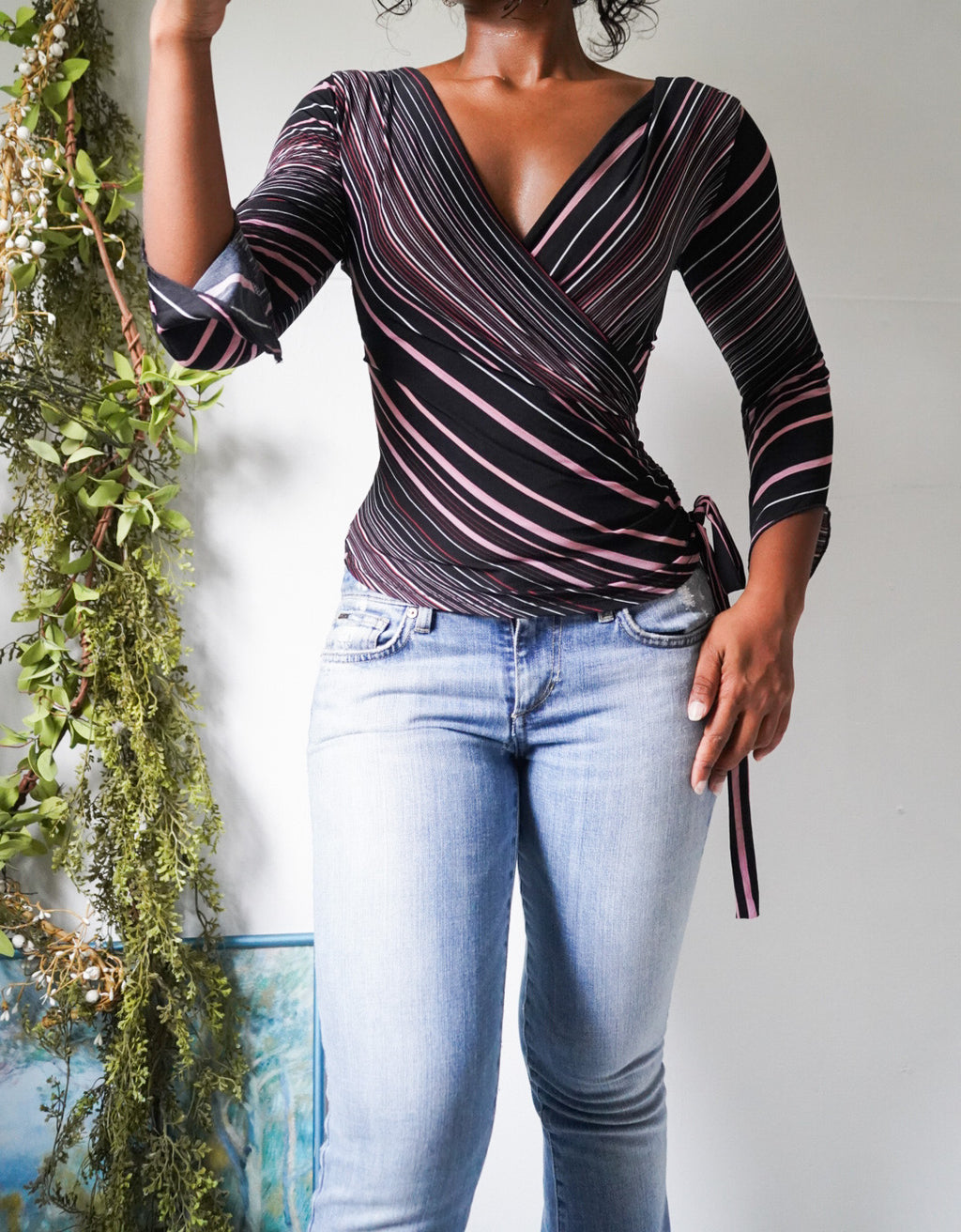 Y2K Faux Wrap Flare Sleeve Stripe Top