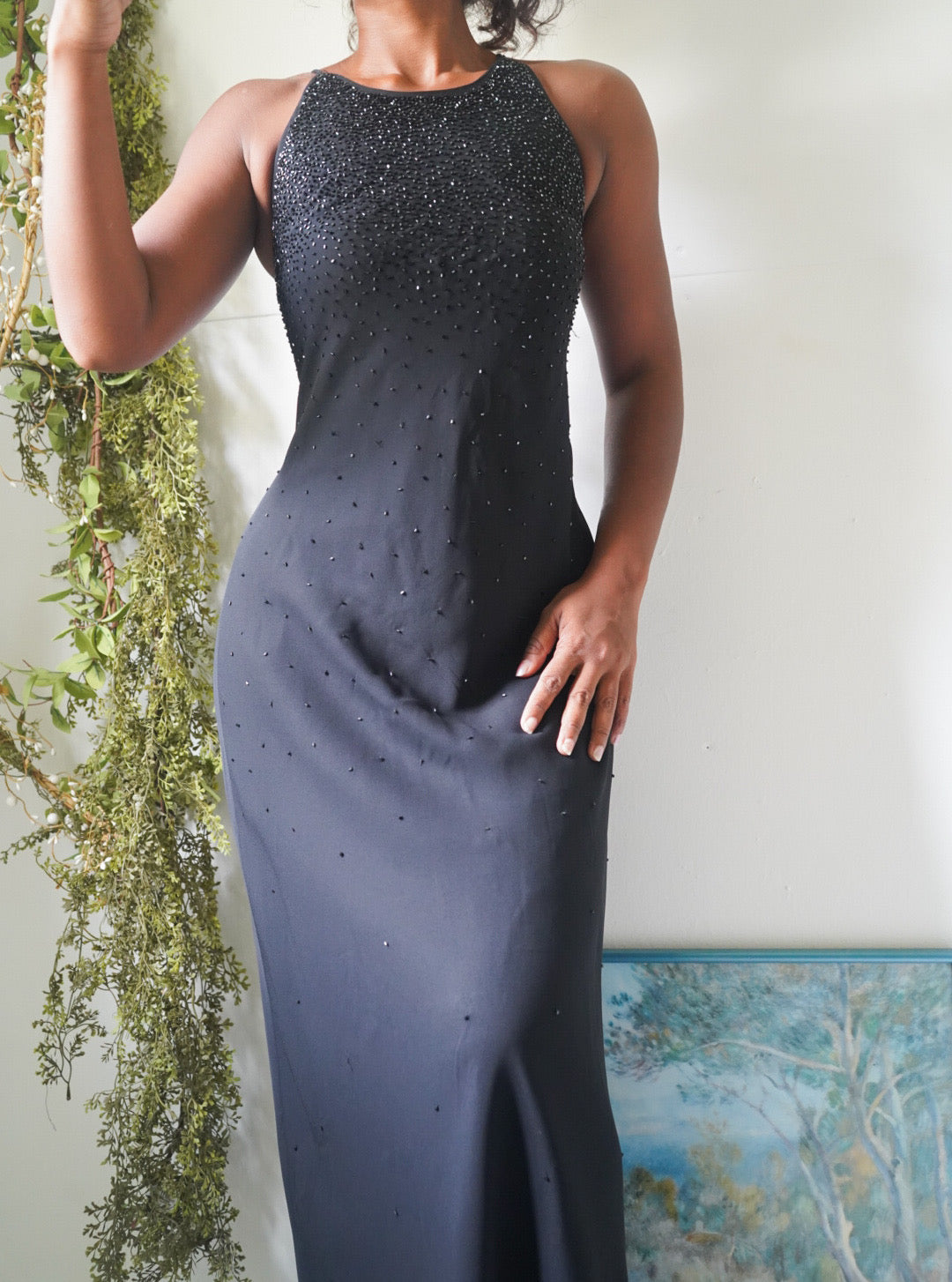 Y2K Black Bead Detail Evening Dress