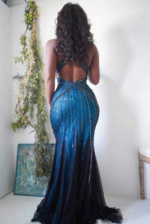 Y2K Layered Beaded Mermaid Backless Gown