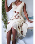 Vintage Y2K Cream and Brown Floral Beaded Dress