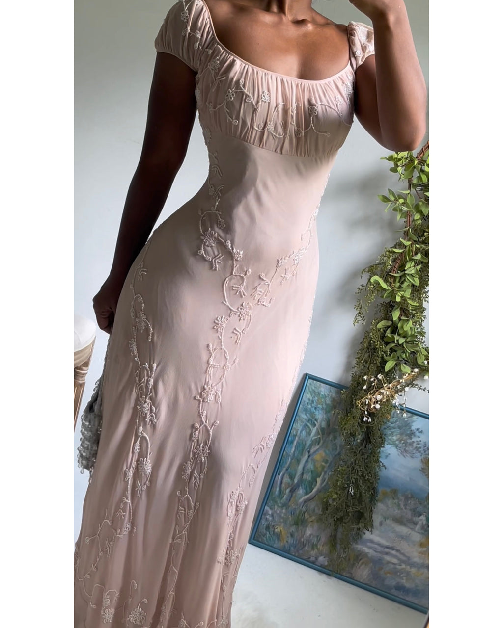 Rare Vintage 90s Silk Milkmaid Blush Nude Beaded Gown