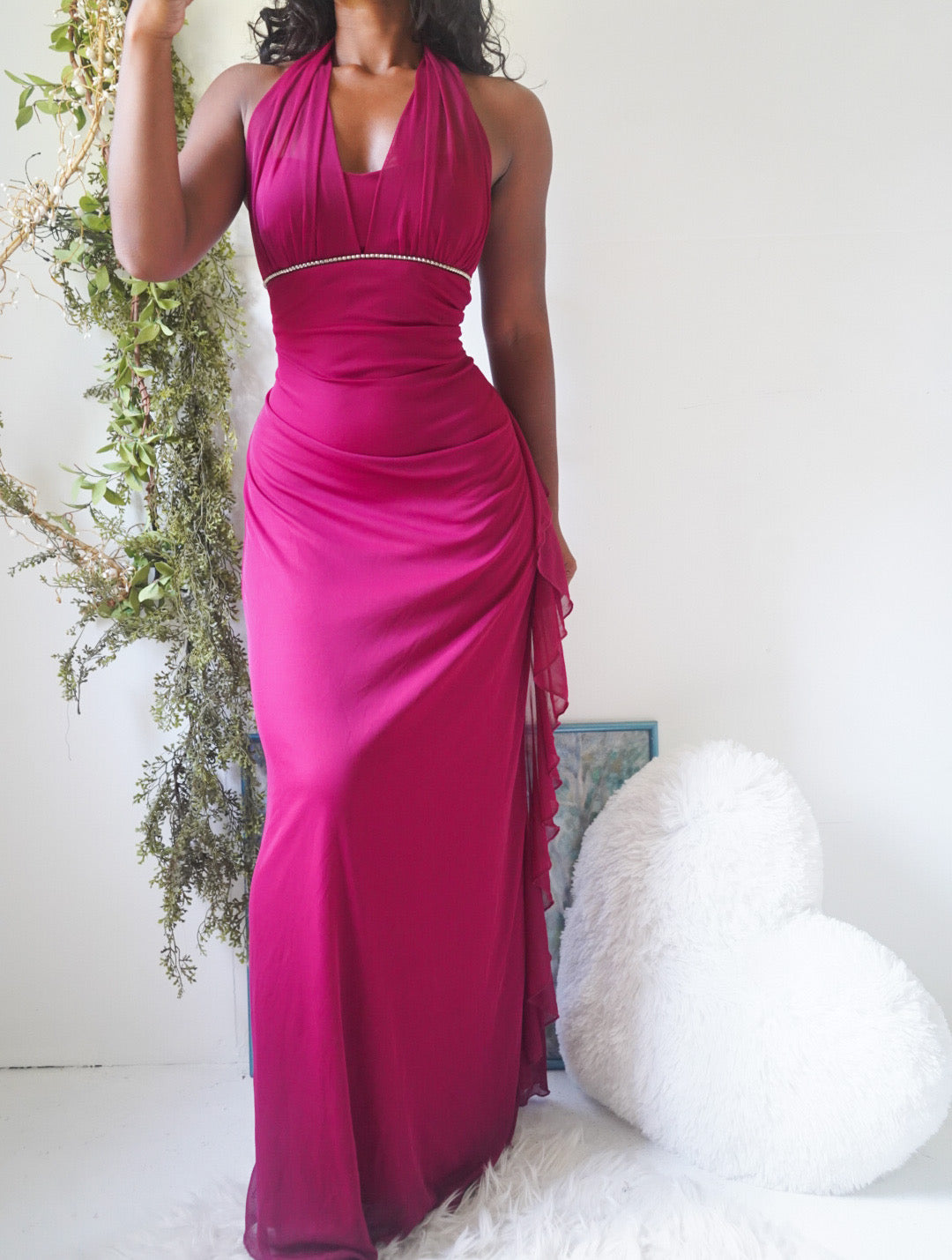 Y2K Berry Halter Ruffle Detail Gown