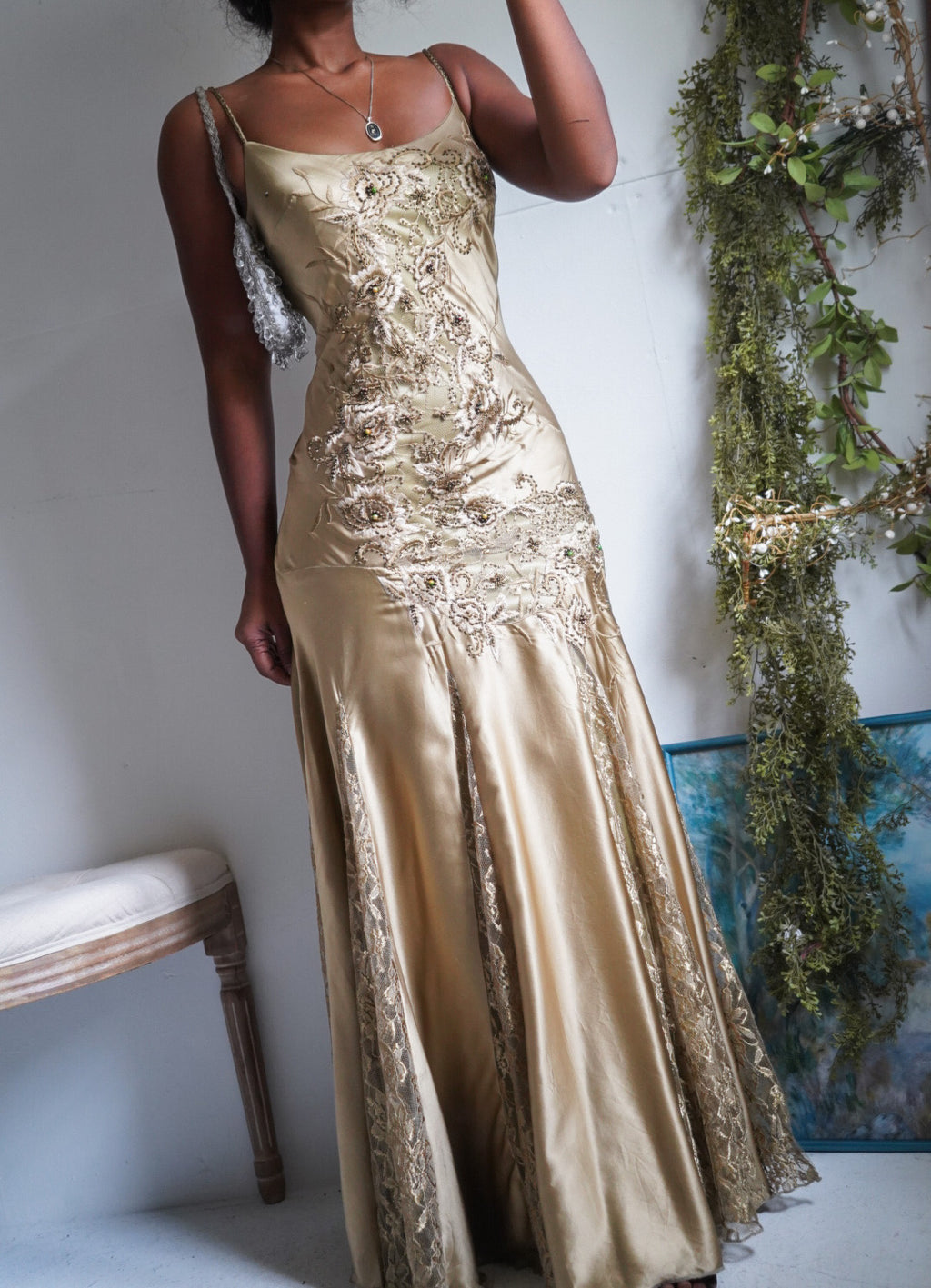Rare Y2K Sue Wong Nocturne Sage Silk and Lace Beaded Gown
