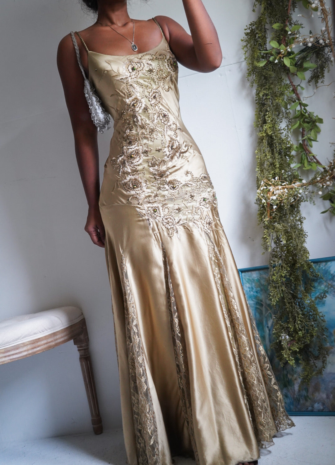 Rare Y2K Sue Wong Nocturne Sage Silk and Lace Beaded Gown