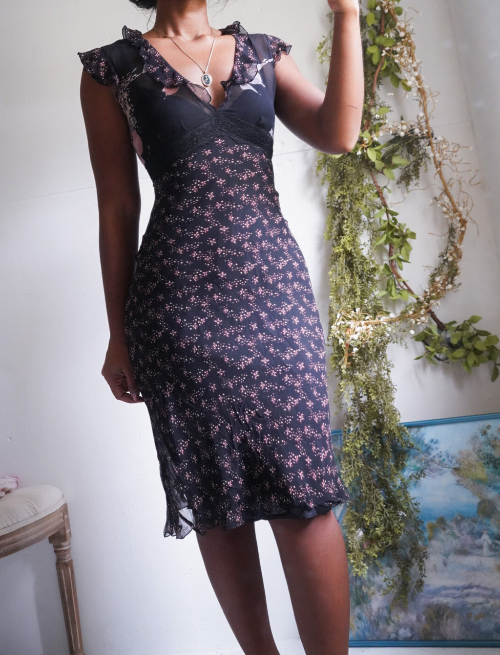 Y2K Dainty Floral Black Ruffle Detail Silk Dress