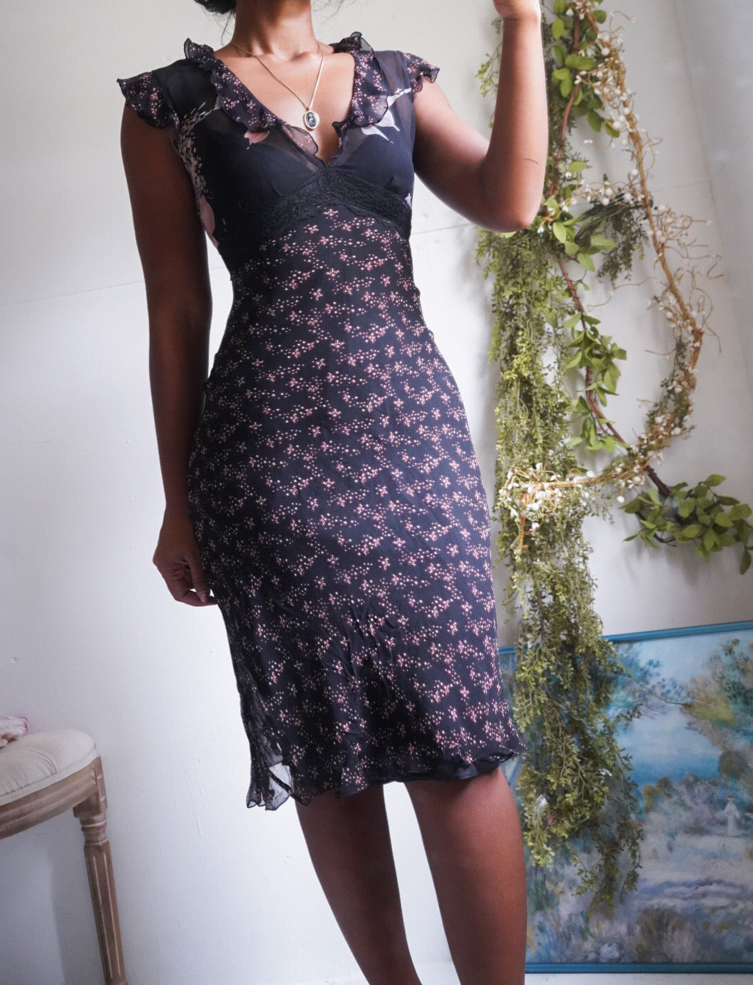 Y2K Dainty Floral Black Ruffle Detail Silk Dress