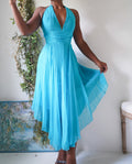 Y2K Turquoise Silk Halter Pleat Skirt Dress