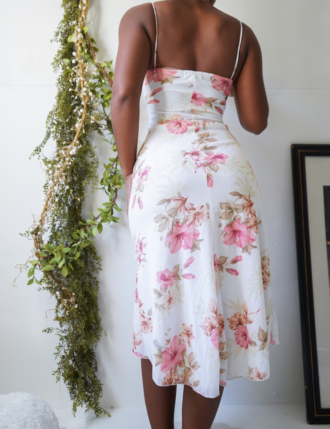 White Romantic Floral Mesh Midi Dress