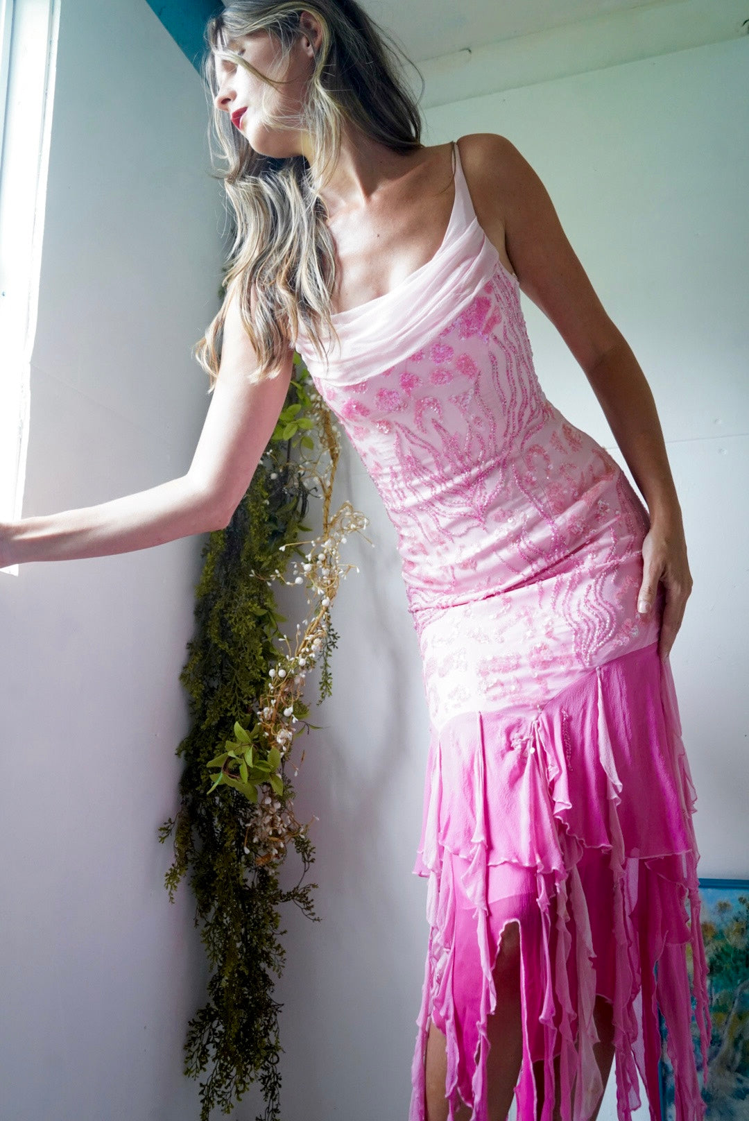 Vintage Silk Ombre Pink Beaded Gown