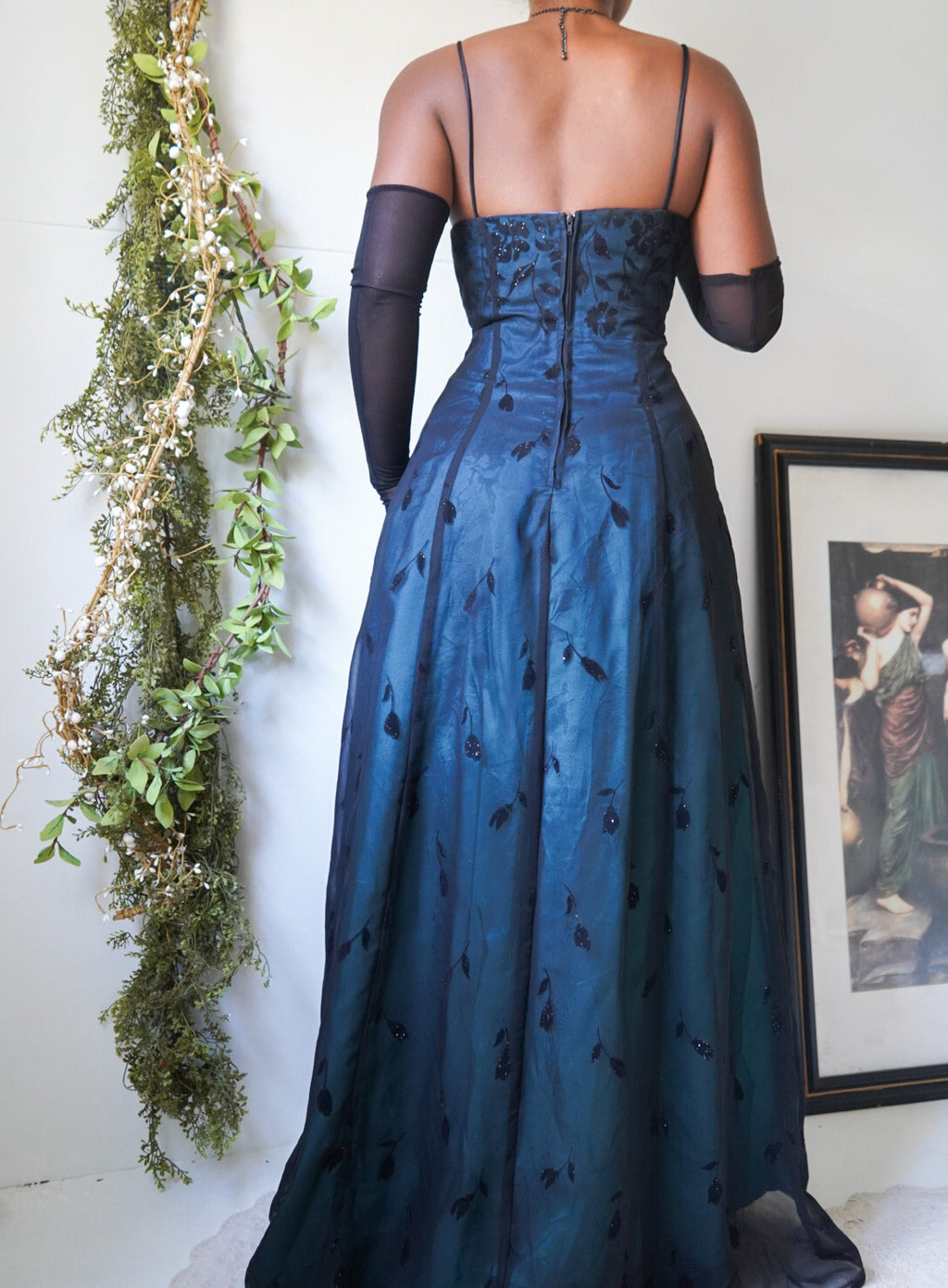 Vintage Teal and Black Layered Burnout Floral Gown