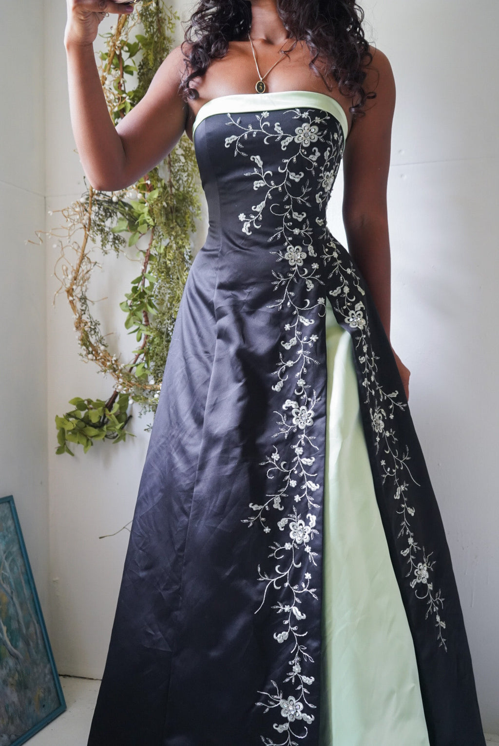 Vintage Y2K Black Strapless Gown with Pastel Green Details