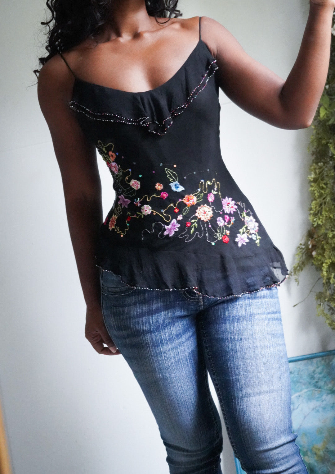 Rare Y2K Silk Beaded Fairy Ruffle Cami