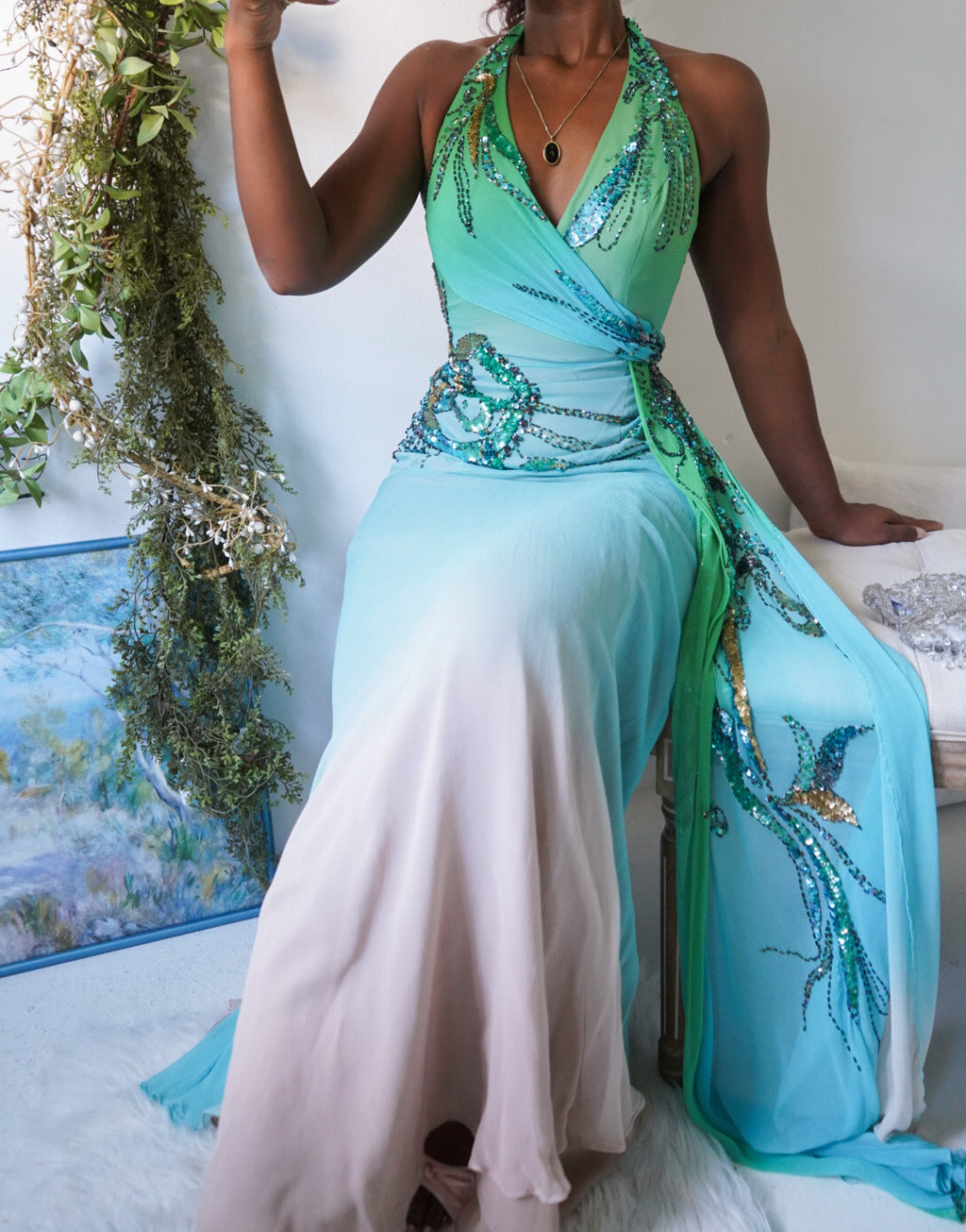 Rare Y2K Ombre Forest Fairy Silk Halter Gown