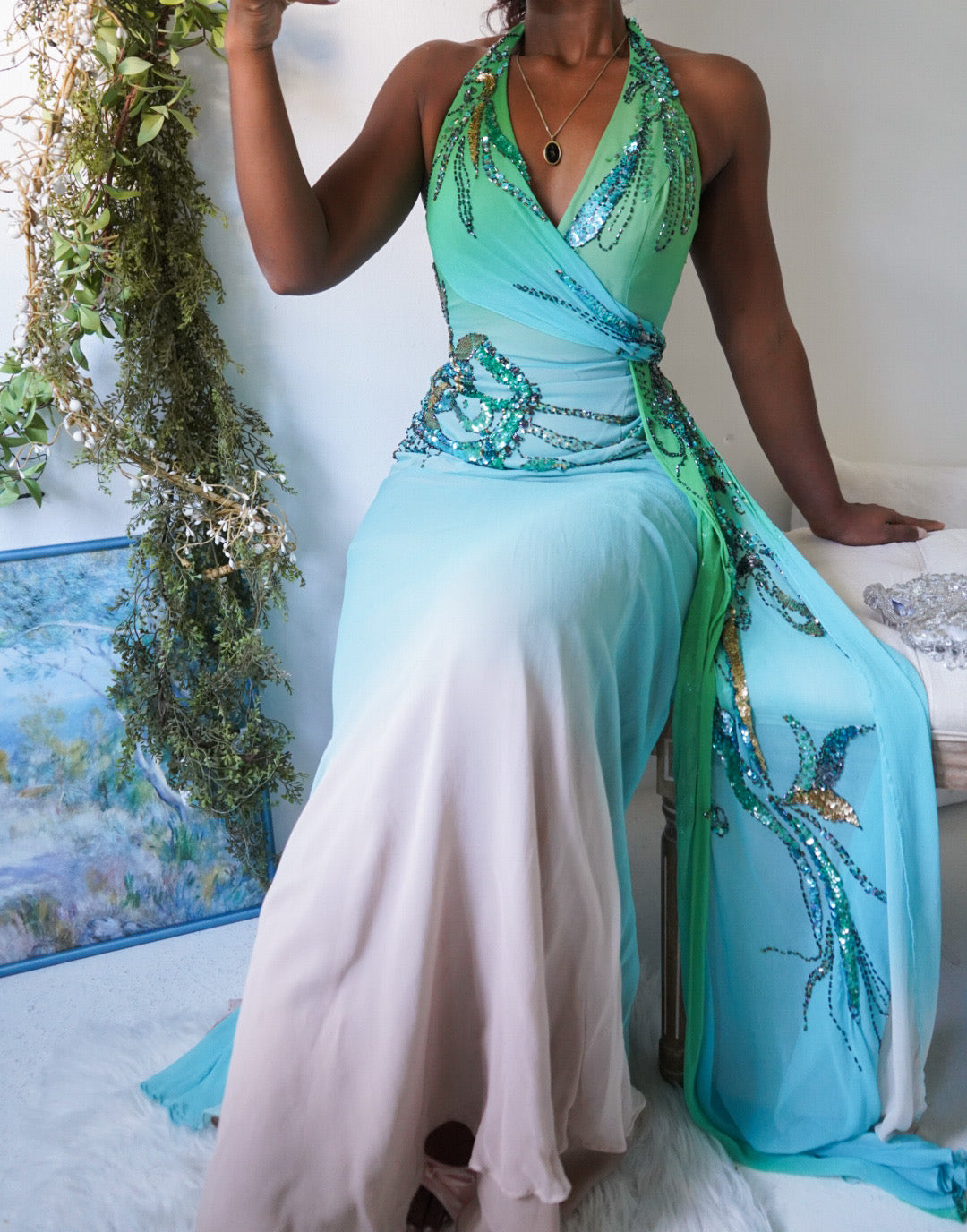 Rare Y2K Ombre Forest Fairy Silk Halter Gown