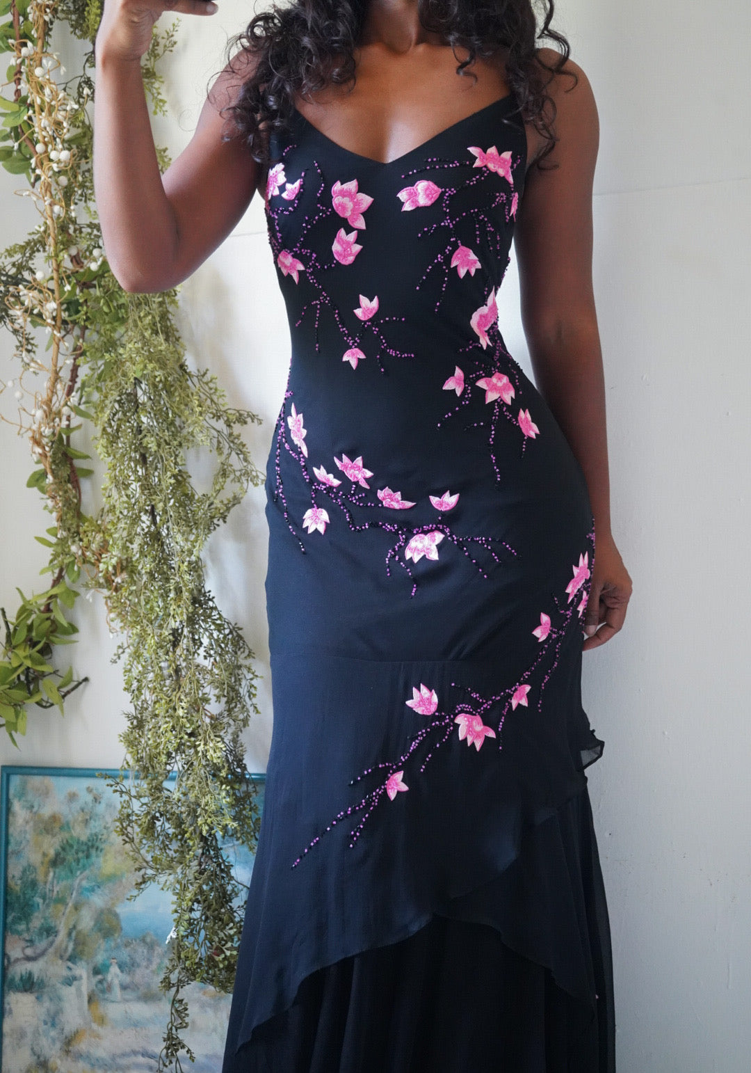Y2K Black Silk Gown with Pink Flowers
