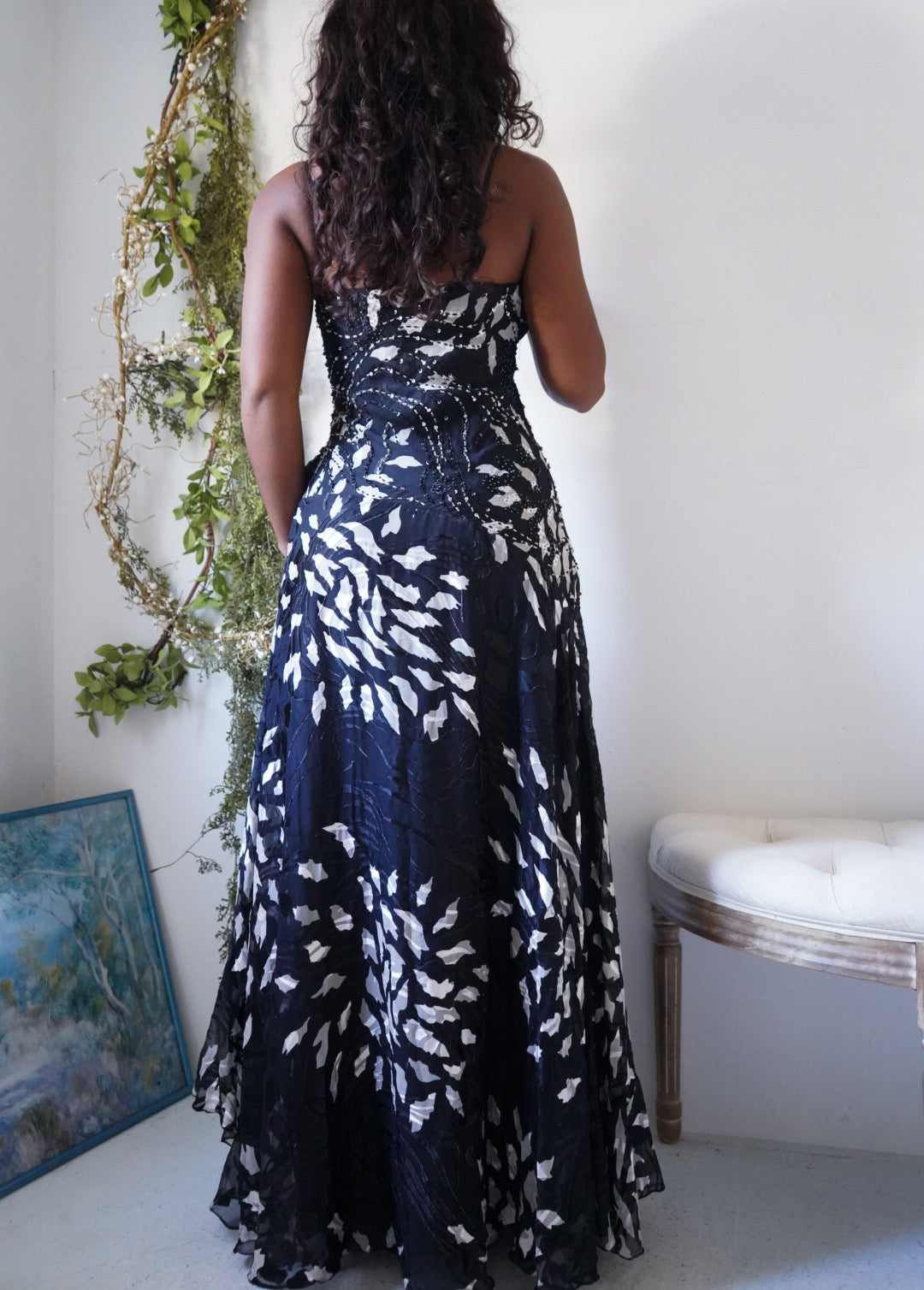 Y2K Monochrome Beaded Silk Burnout Gown
