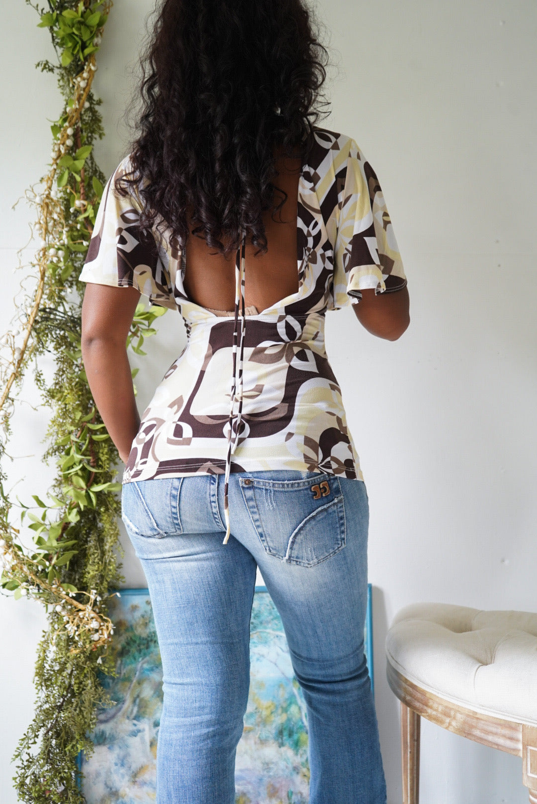 Y2K Flutter Sleeve Open Back Top
