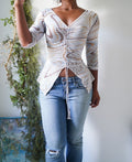 Y2K Cinch Front Abstract 3/4 Sleeve Top