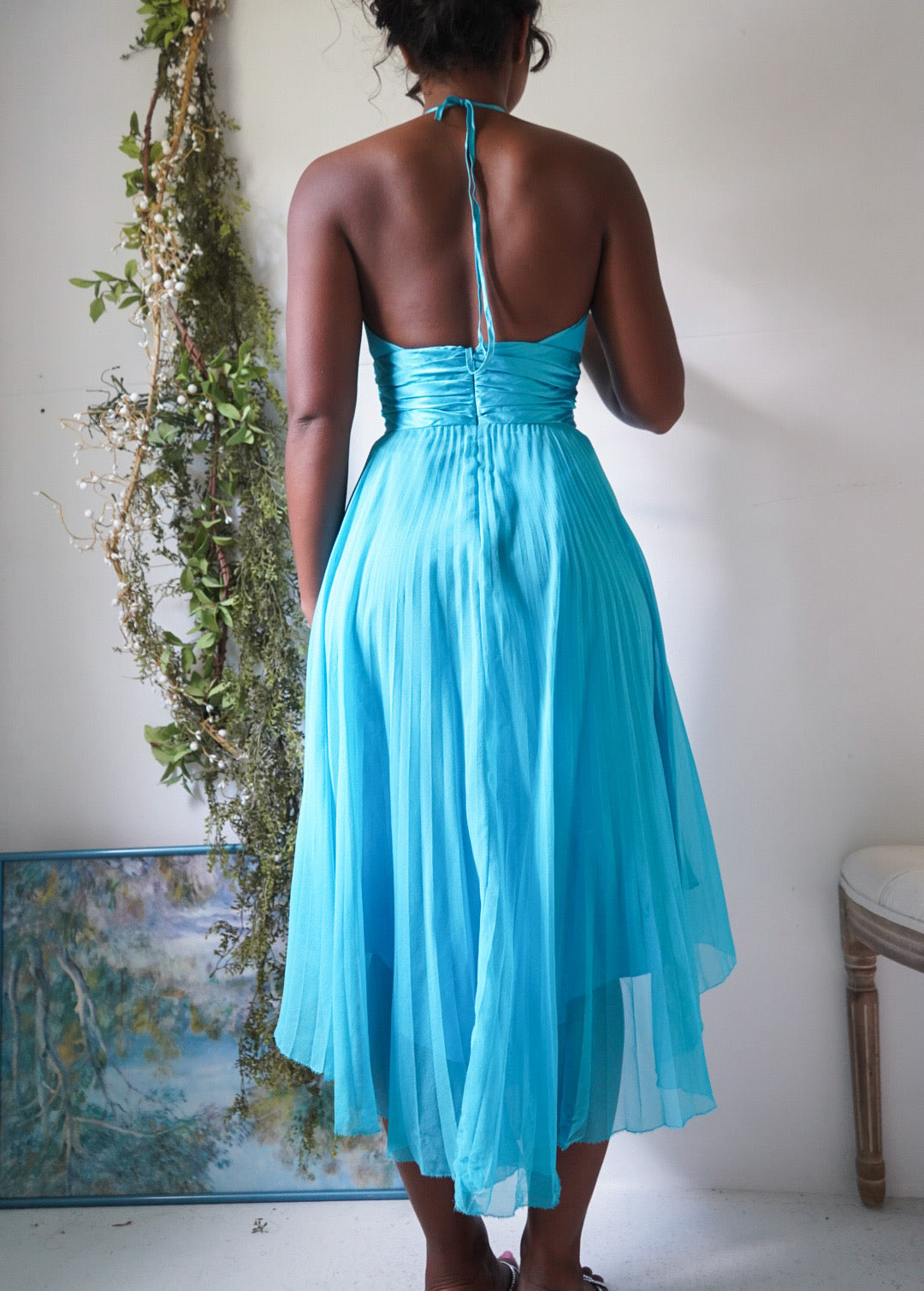 Y2K Turquoise Silk Halter Pleat Skirt Dress