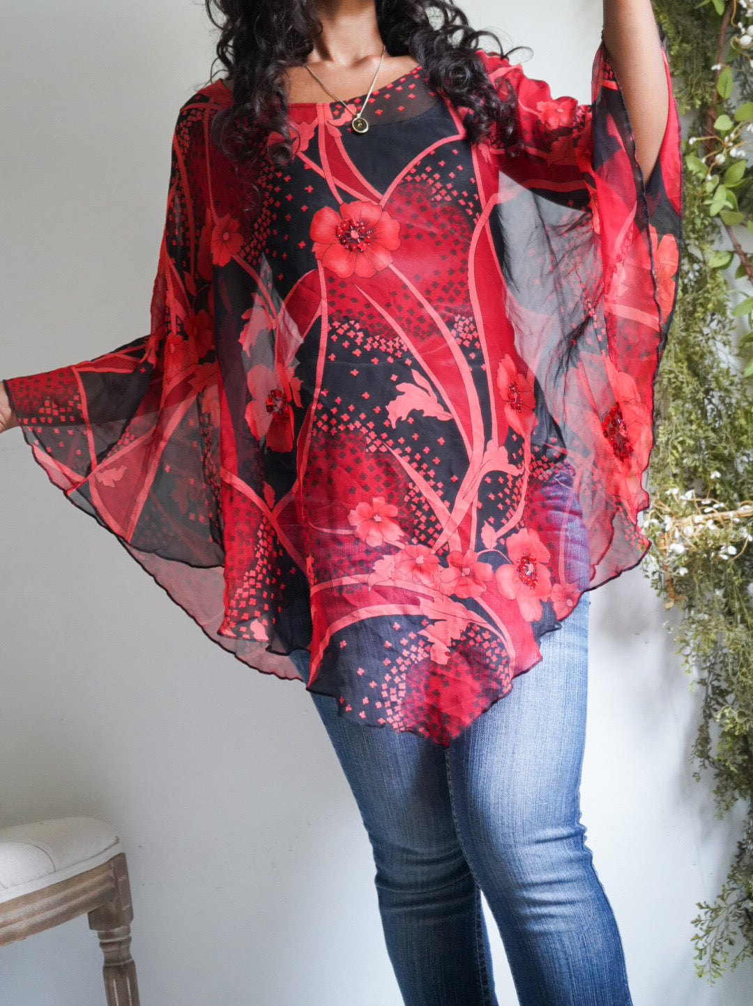 Y2K Silk Printed Poncho Top