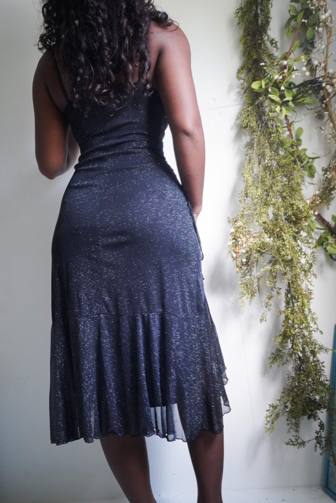 Y2K Black Sparkle Milkmaid High Low Dress