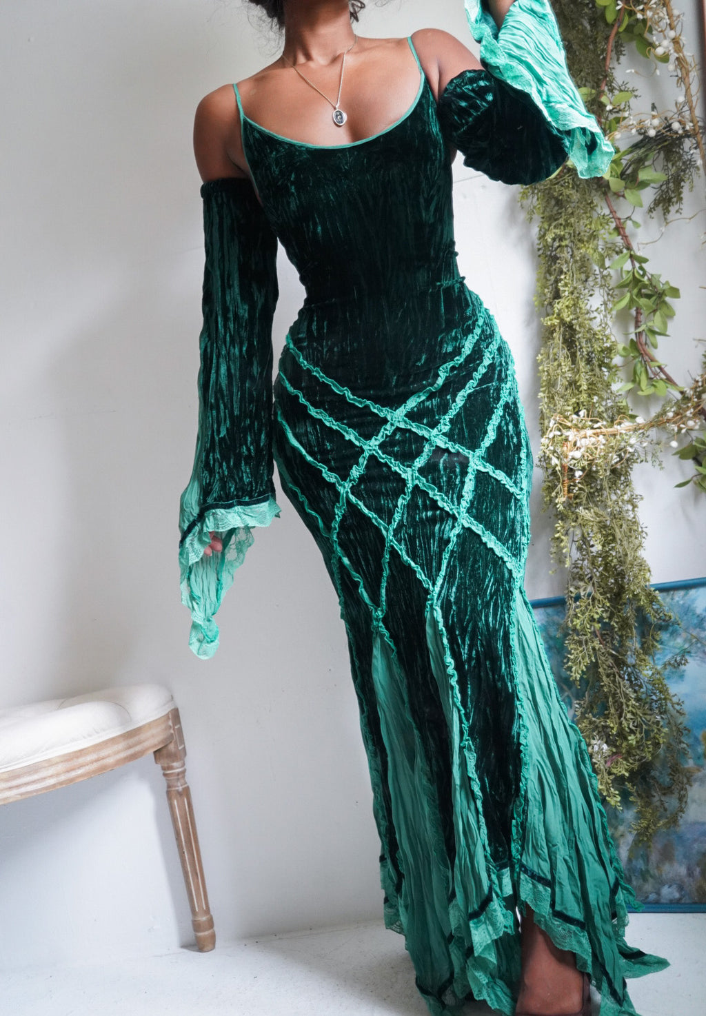 Y2K Green Crushed Velvet Forest Fairy Gown with Sleeves