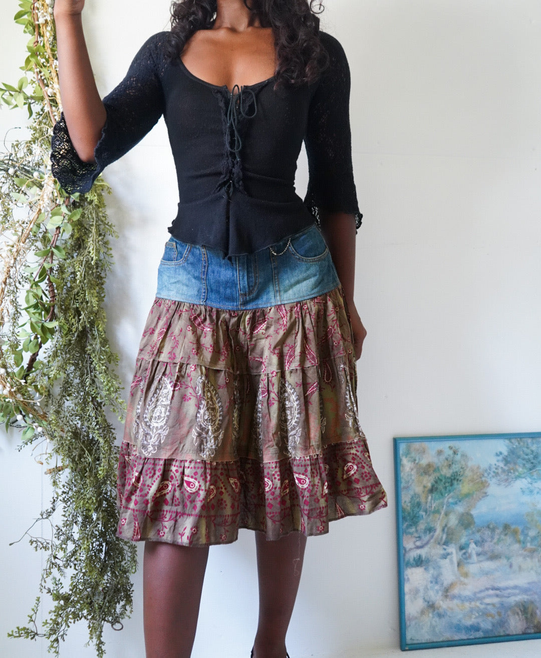 Y2K Boho Paisley Denim Waistband Skirt