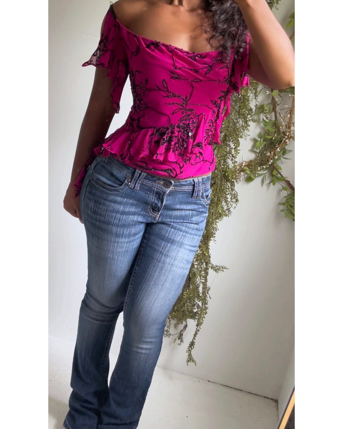 Rare Y2K Cache Fuchsia Silk Beaded Flyaway Sleeve Top