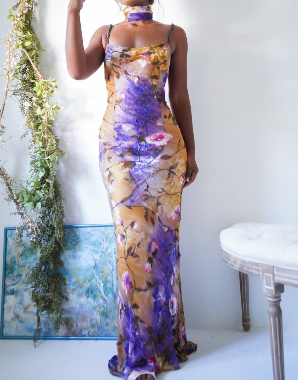 Purple Burnout Rose Beaded Gown