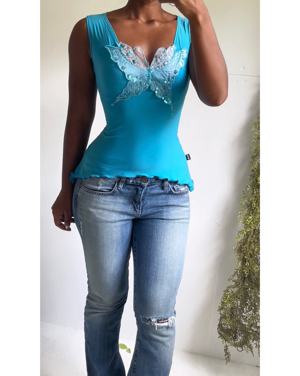 Y2K Teal Butterfly Appliqué Top