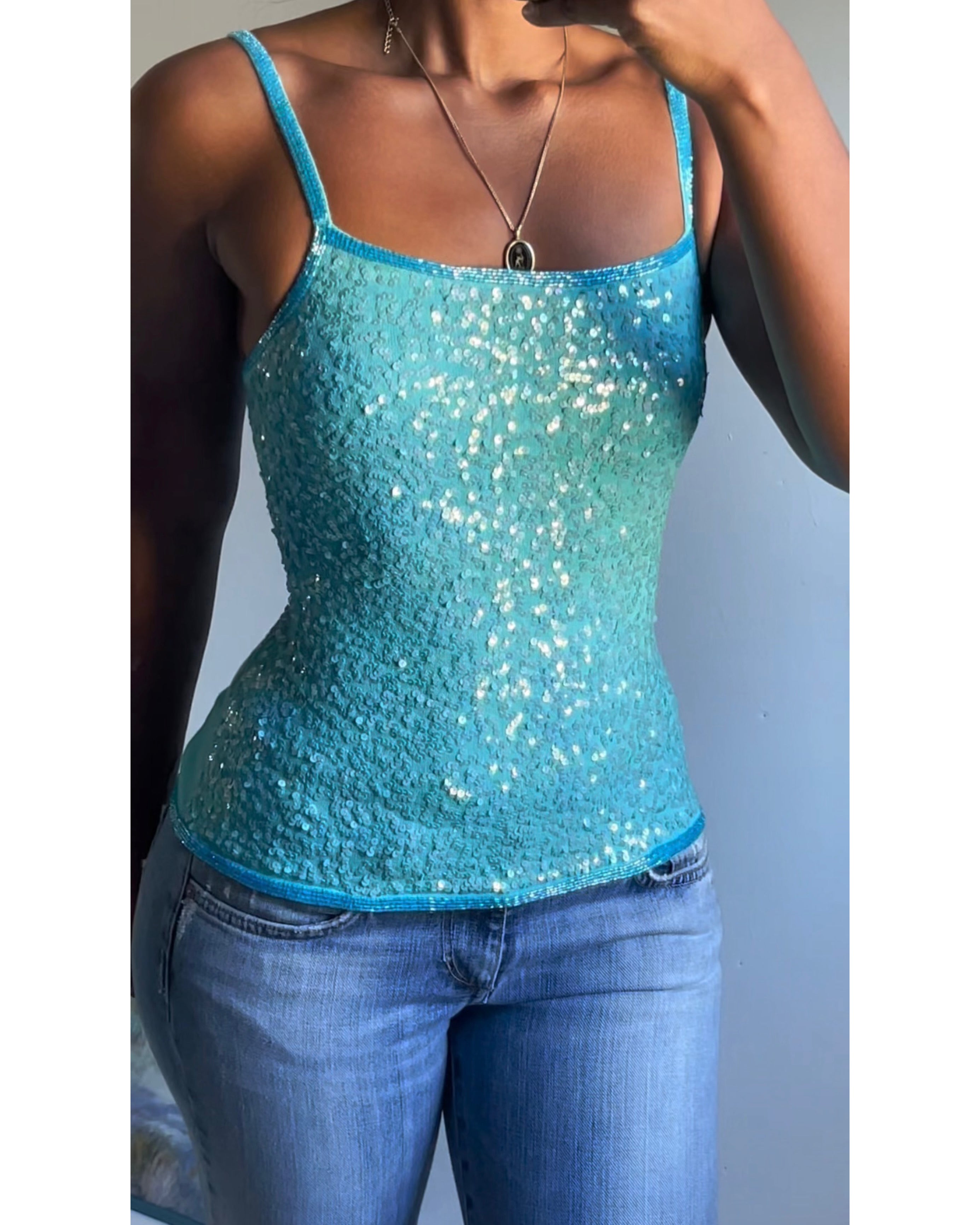Turquoise Sequin Beaded Knit Cami