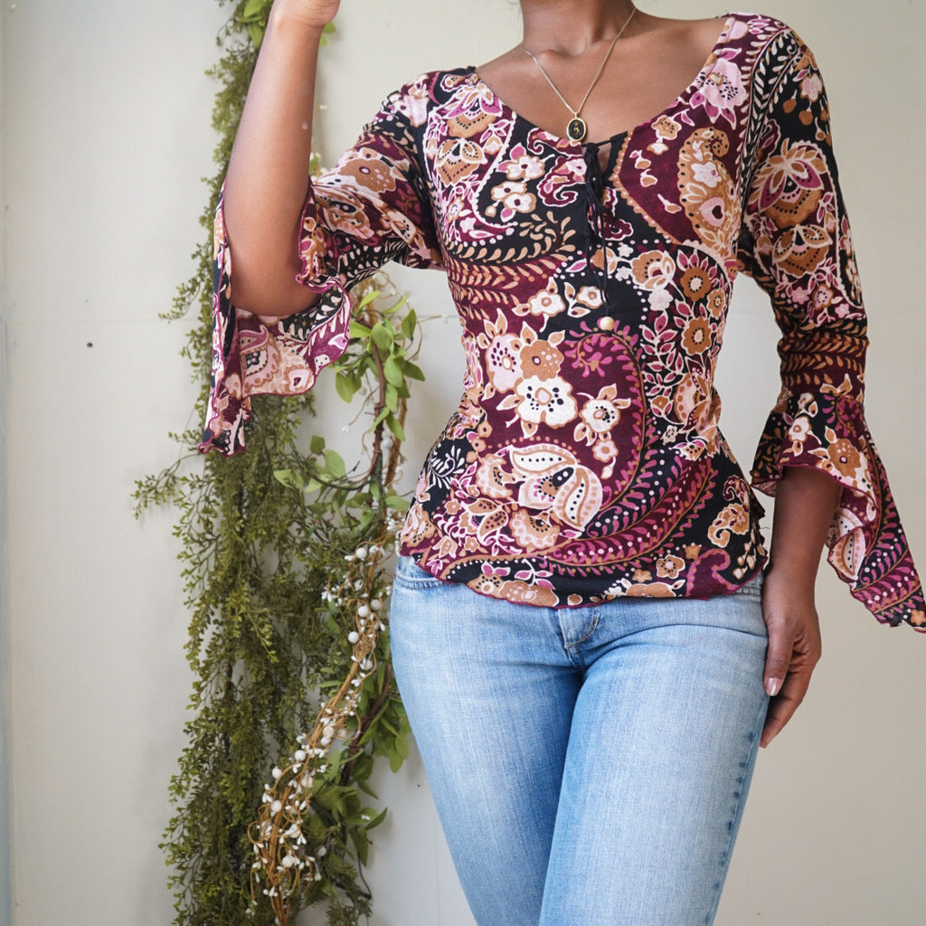 Boho Paisley Print Ruffle Sleeve Top