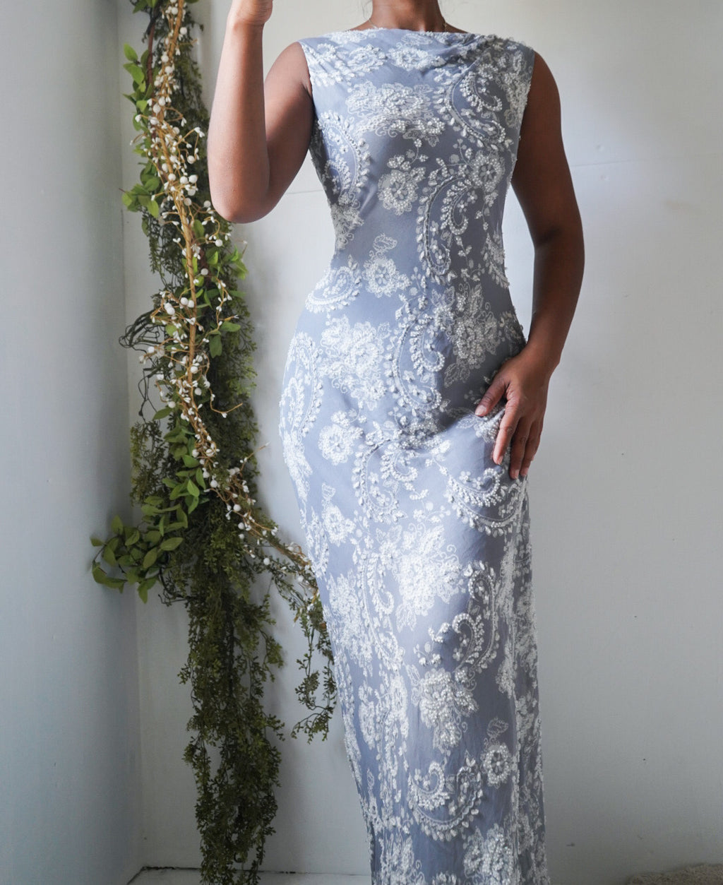 Paisley Floral Beaded Silk Vintage Low Back Gown