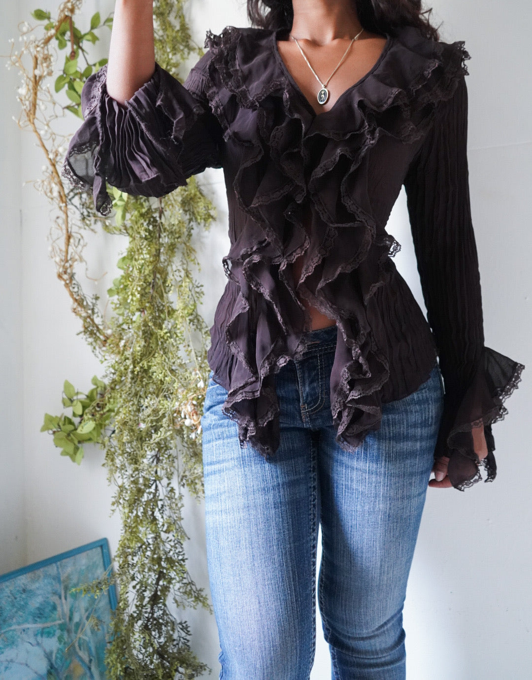 Y2K Dark Chocolate Crinkle Ruffle Button Down Top