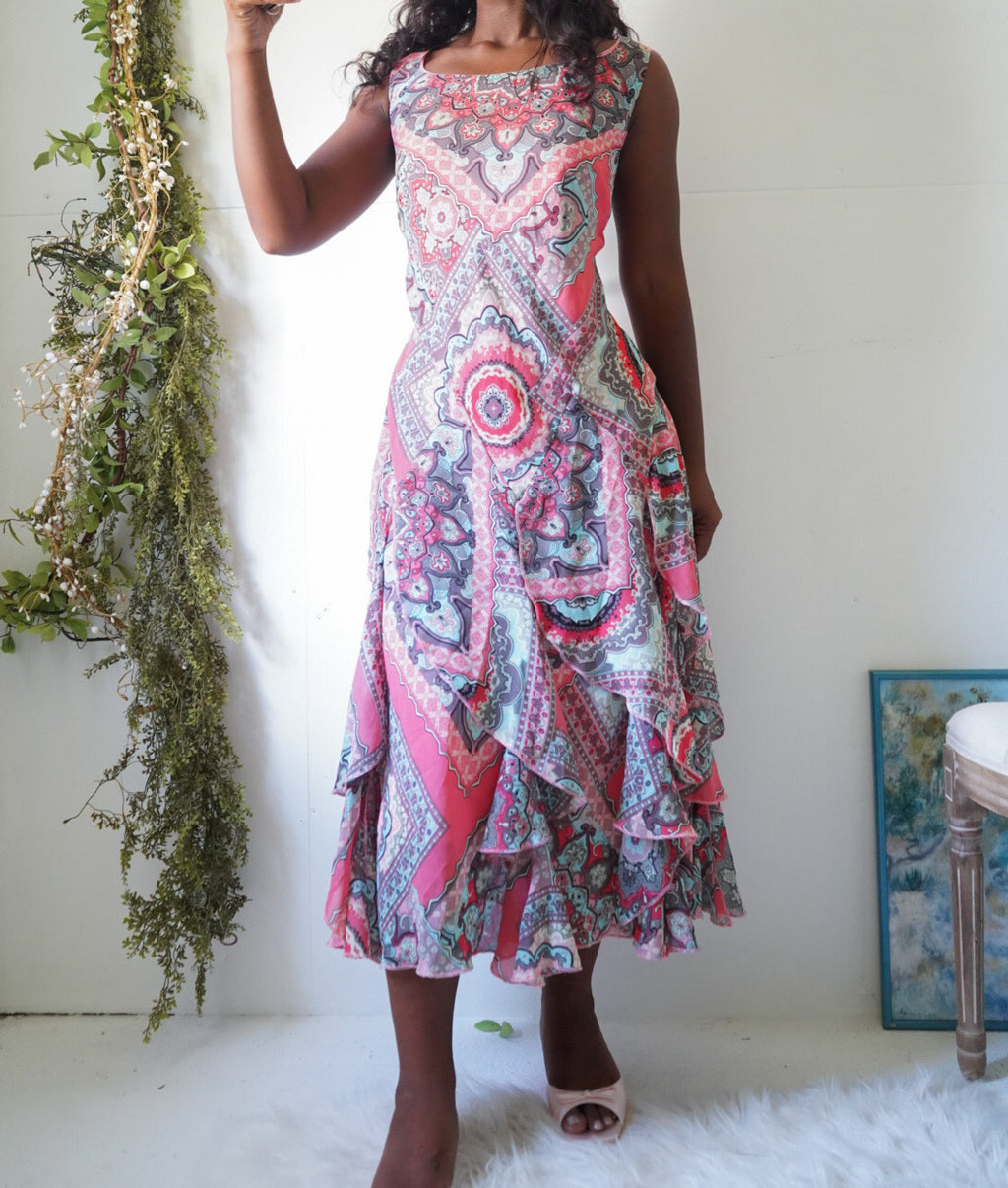 Y2K Bright Coral Paisley Midi Dress