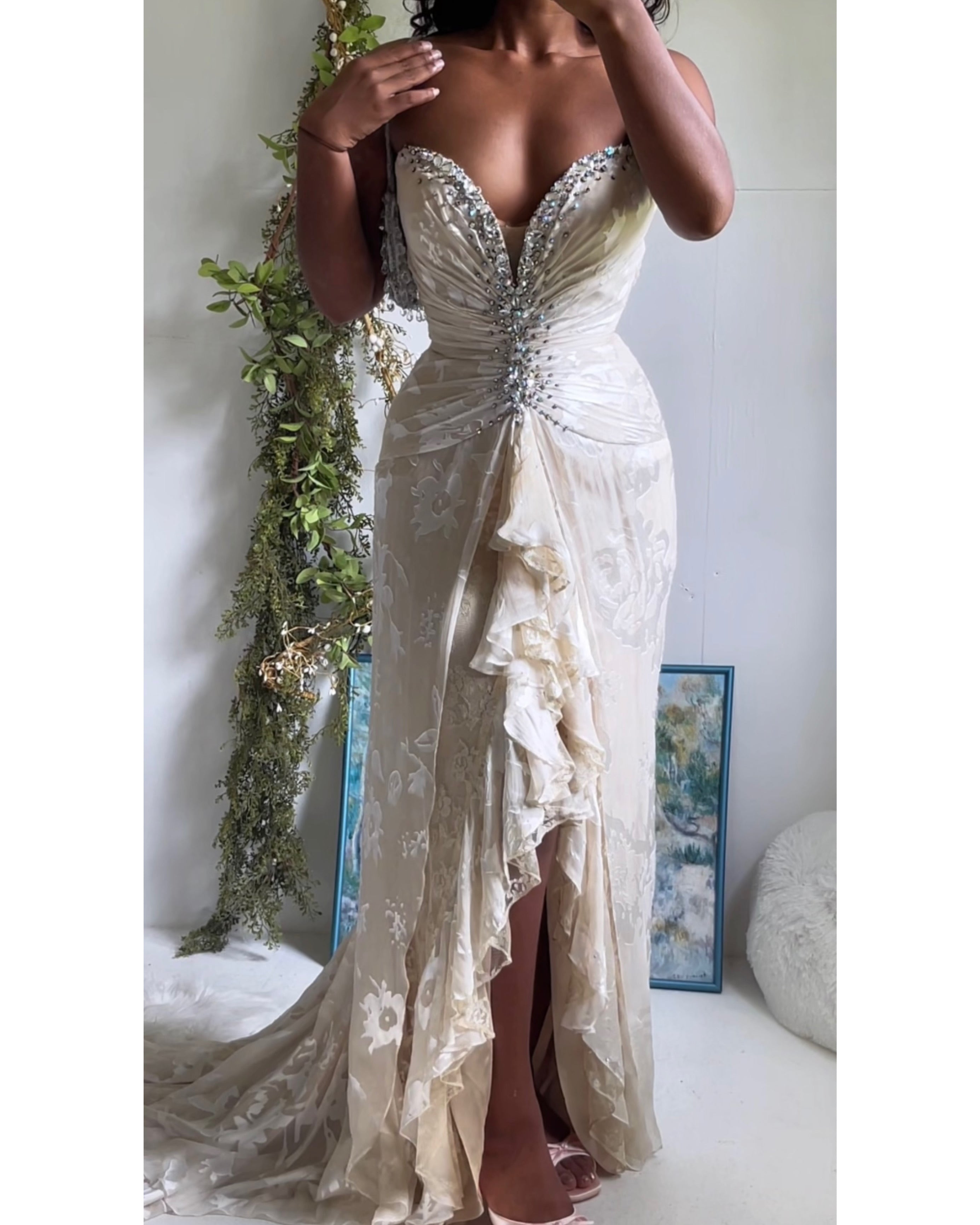 Vintage Y2K Silk Cream Burnout Corset Gown